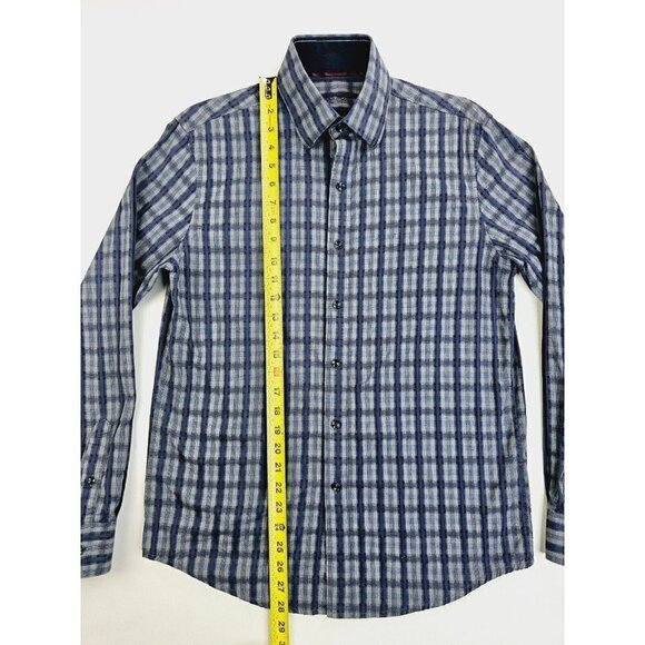 Tasso Elba Size Small 14-14.5 Men's Blue Gray Check Long Sleeve Cotton Shirt - Picture 9 of 10